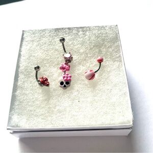 Pink and Silver Skull Charm Belly Ring Set of 3 beach retro feminine college